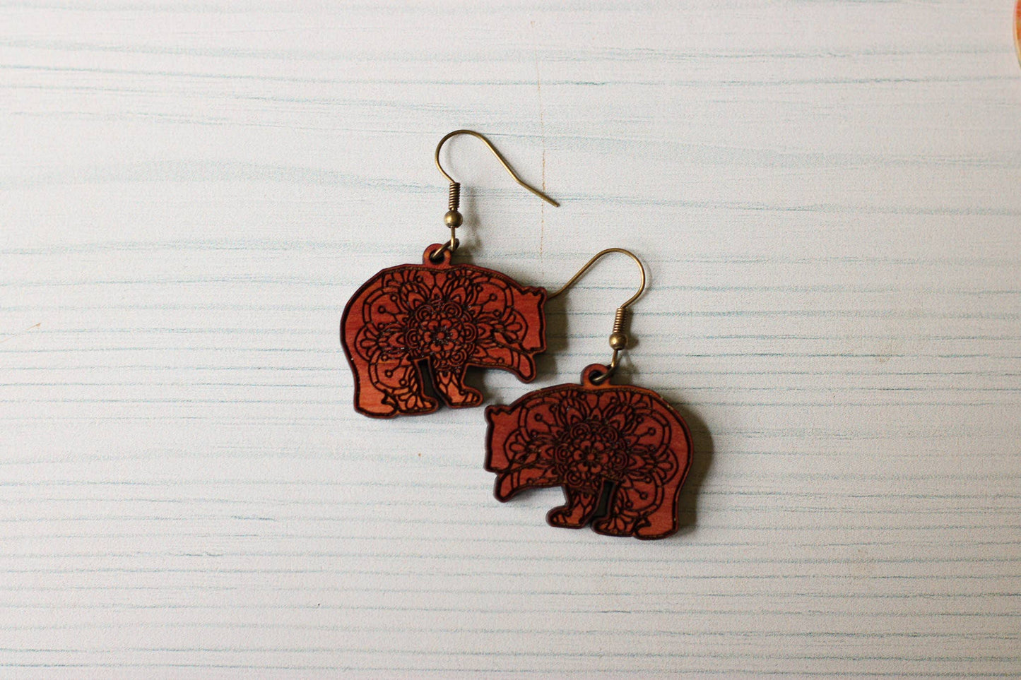 Mandala Engraved Cedar Bear Dangle Earrings