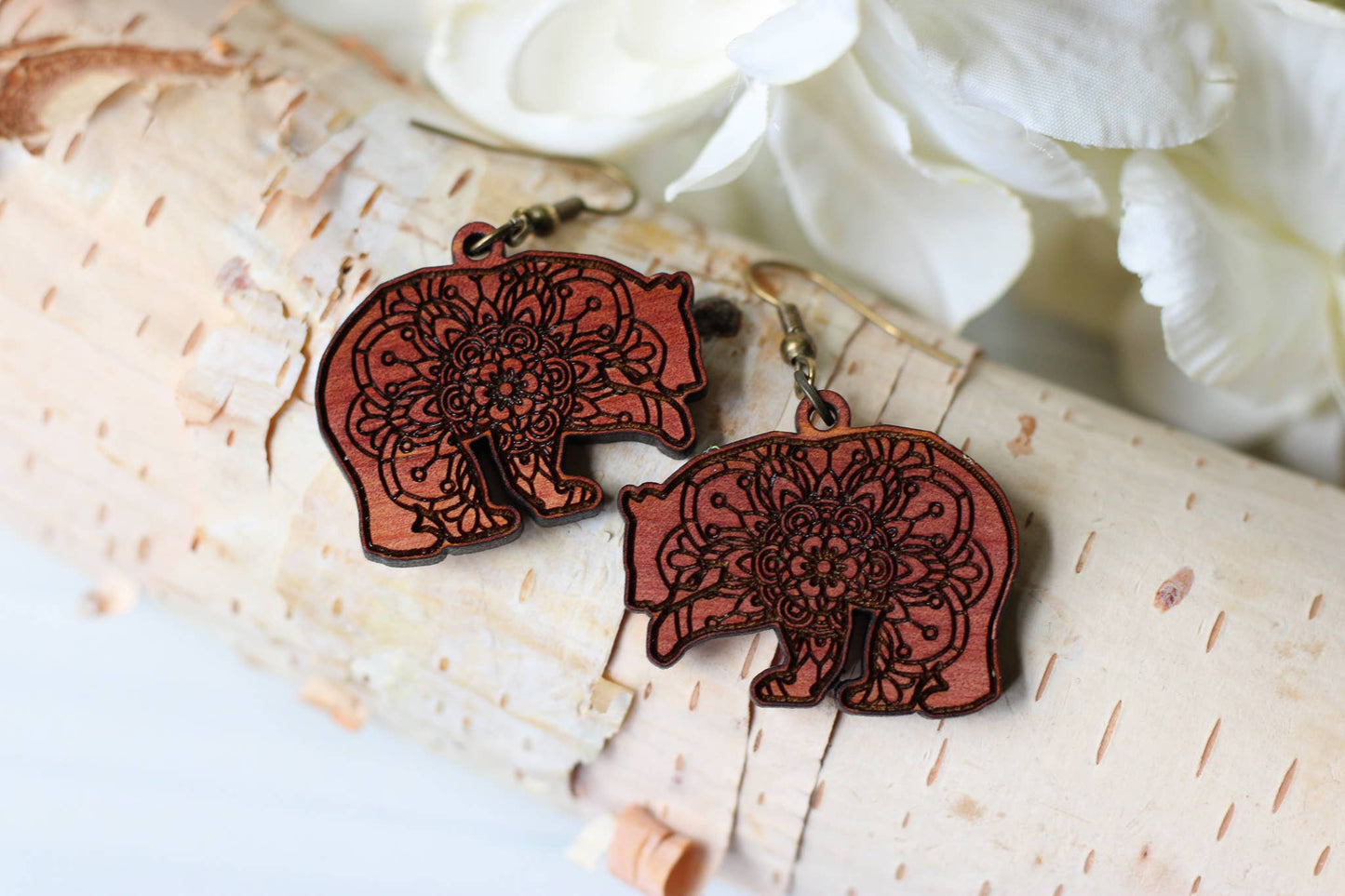 Mandala Engraved Cedar Bear Dangle Earrings
