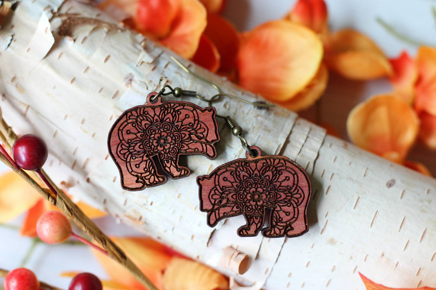 Mandala Engraved Cedar Bear Dangle Earrings