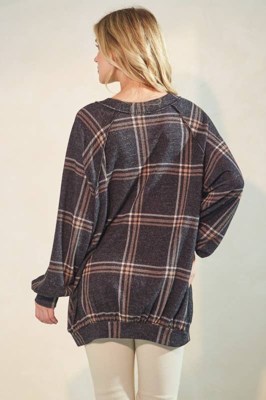 The Tanya Plaid Top: Charcoal
