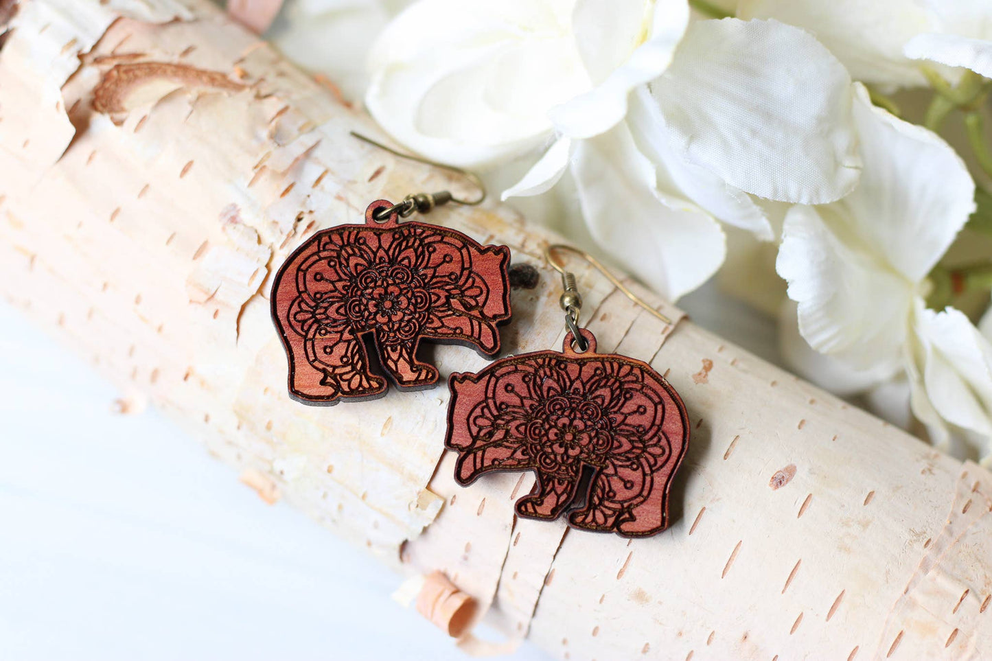 Mandala Engraved Cedar Bear Dangle Earrings