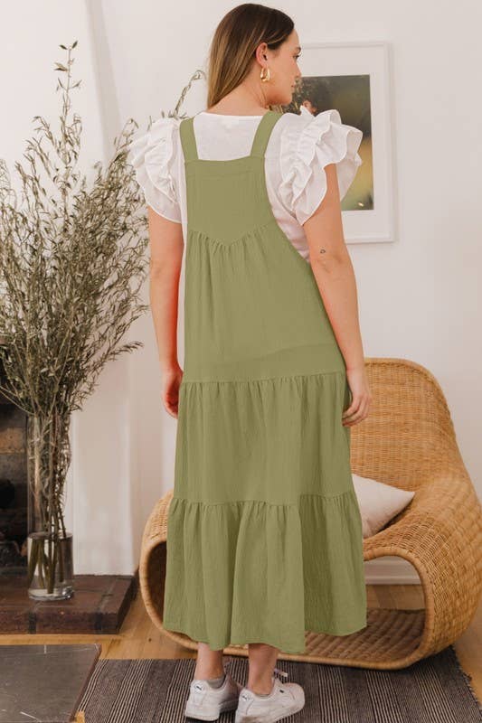 Plus Solid Button Sling Tiered Midi Dress: Sage Green / 3XL