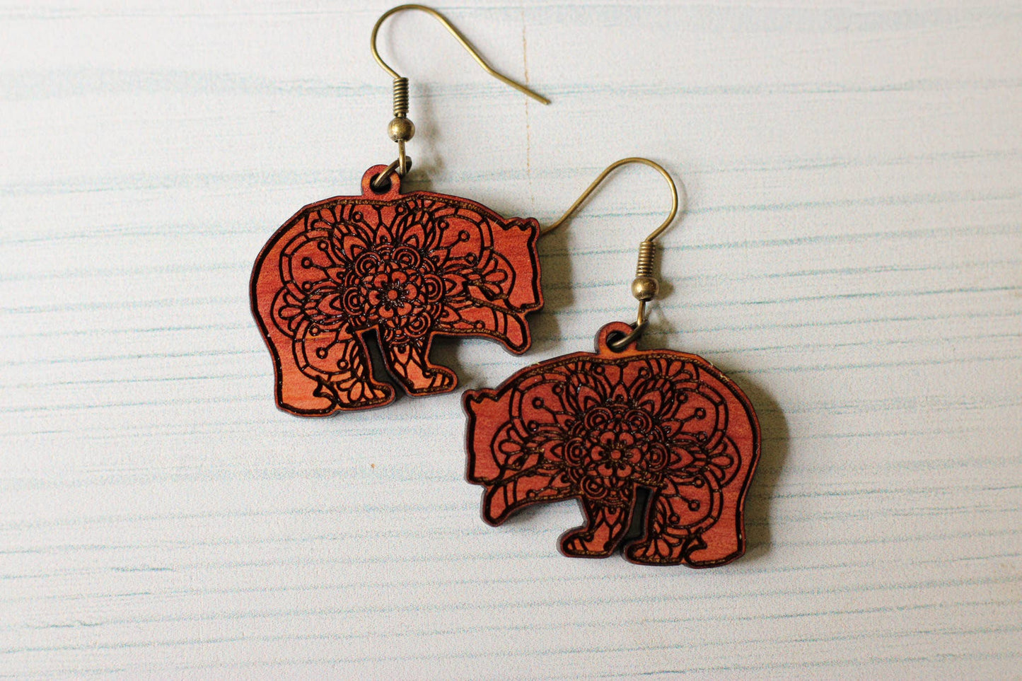 Mandala Engraved Cedar Bear Dangle Earrings