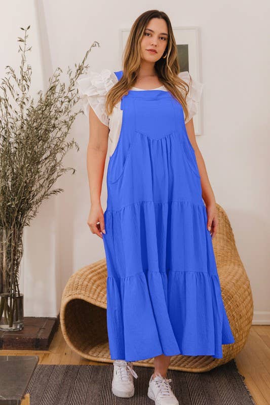 Plus Solid Button Sling Tiered Midi Dress: Black / 3XL