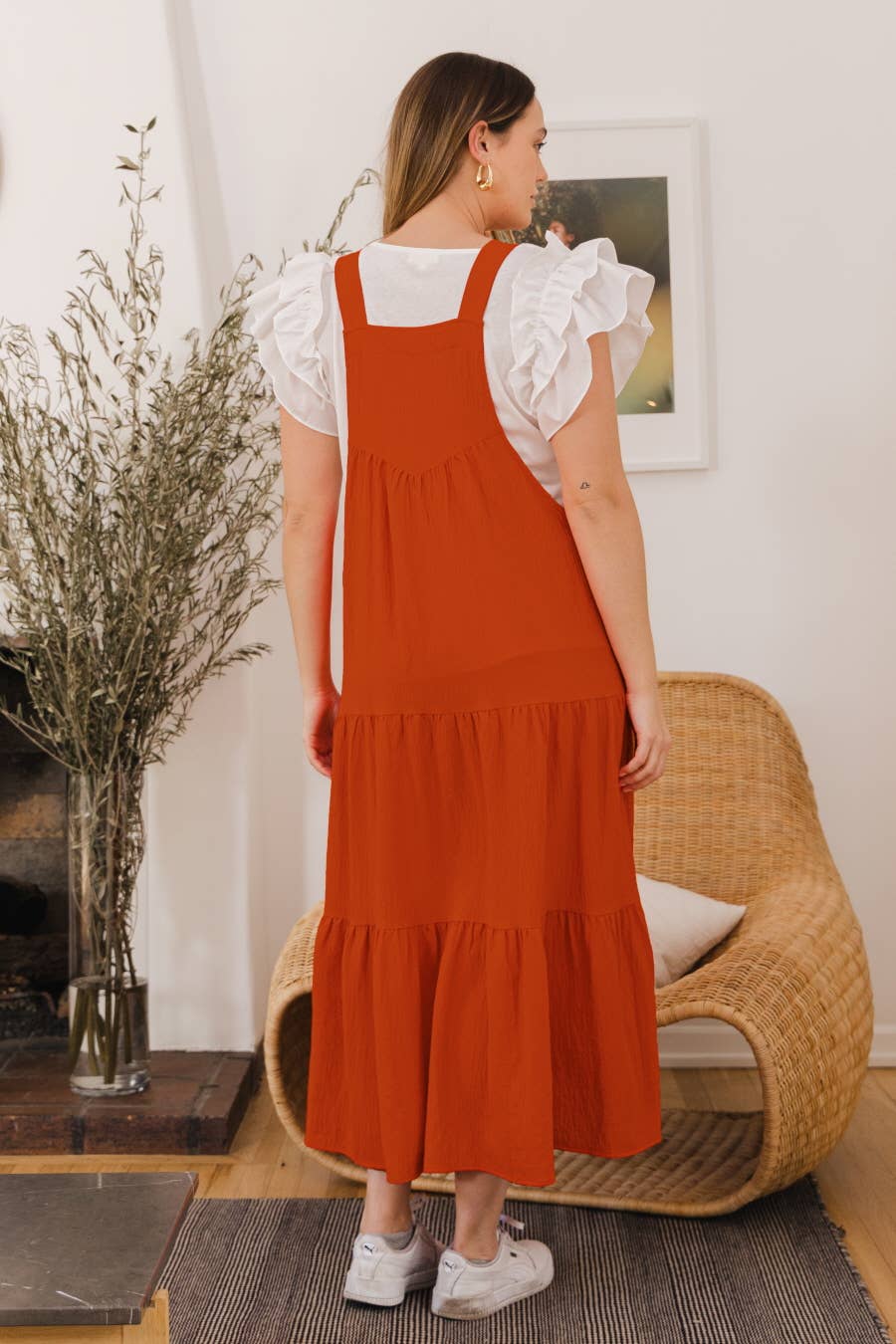 Plus Solid Button Sling Tiered Midi Dress: Black / 3XL