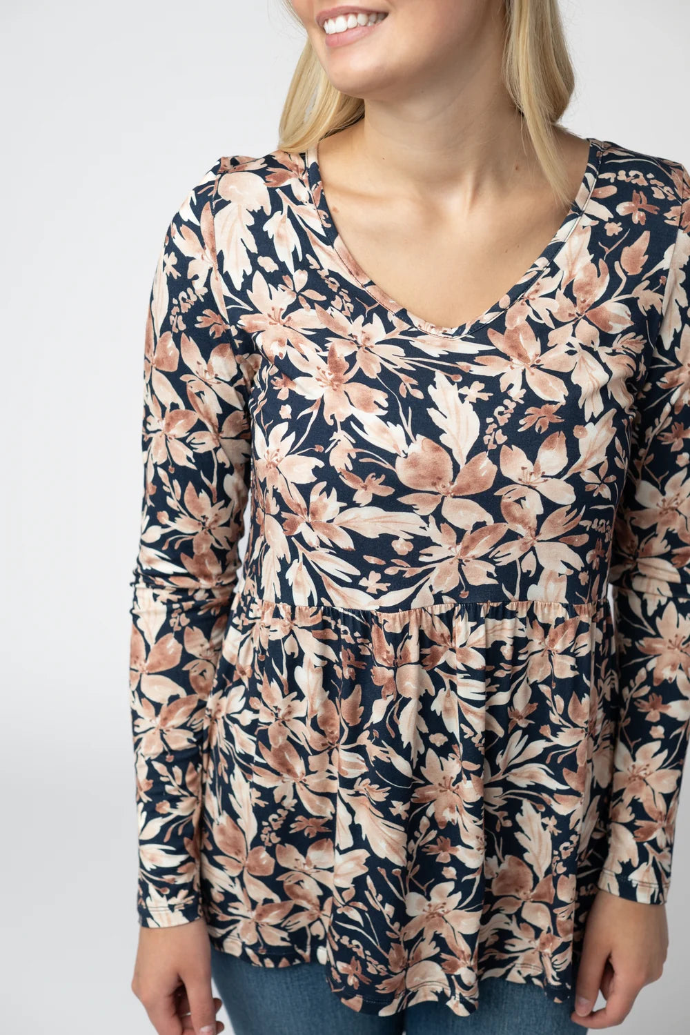 The Sarah Ruffle Top- Navy Autumn Floral