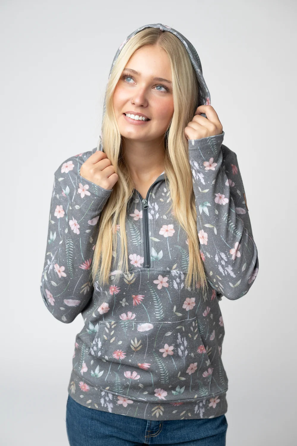 The Wildflower Half Zip Hoodie-Gray