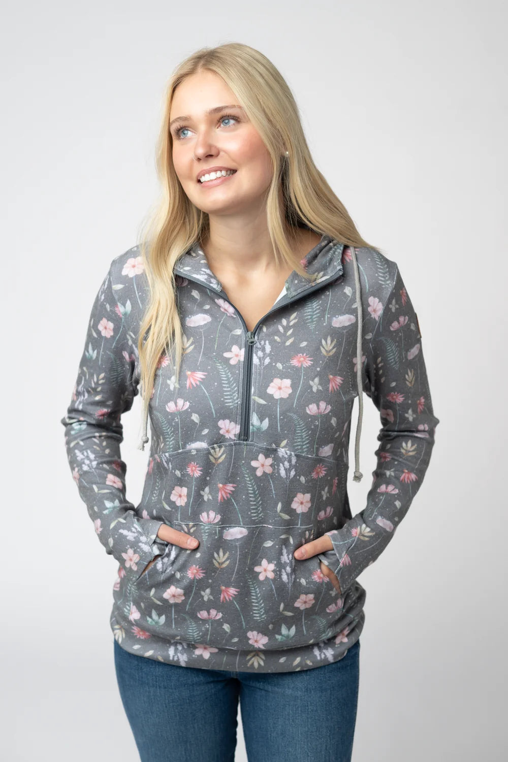 The Wildflower Half Zip Hoodie-Gray