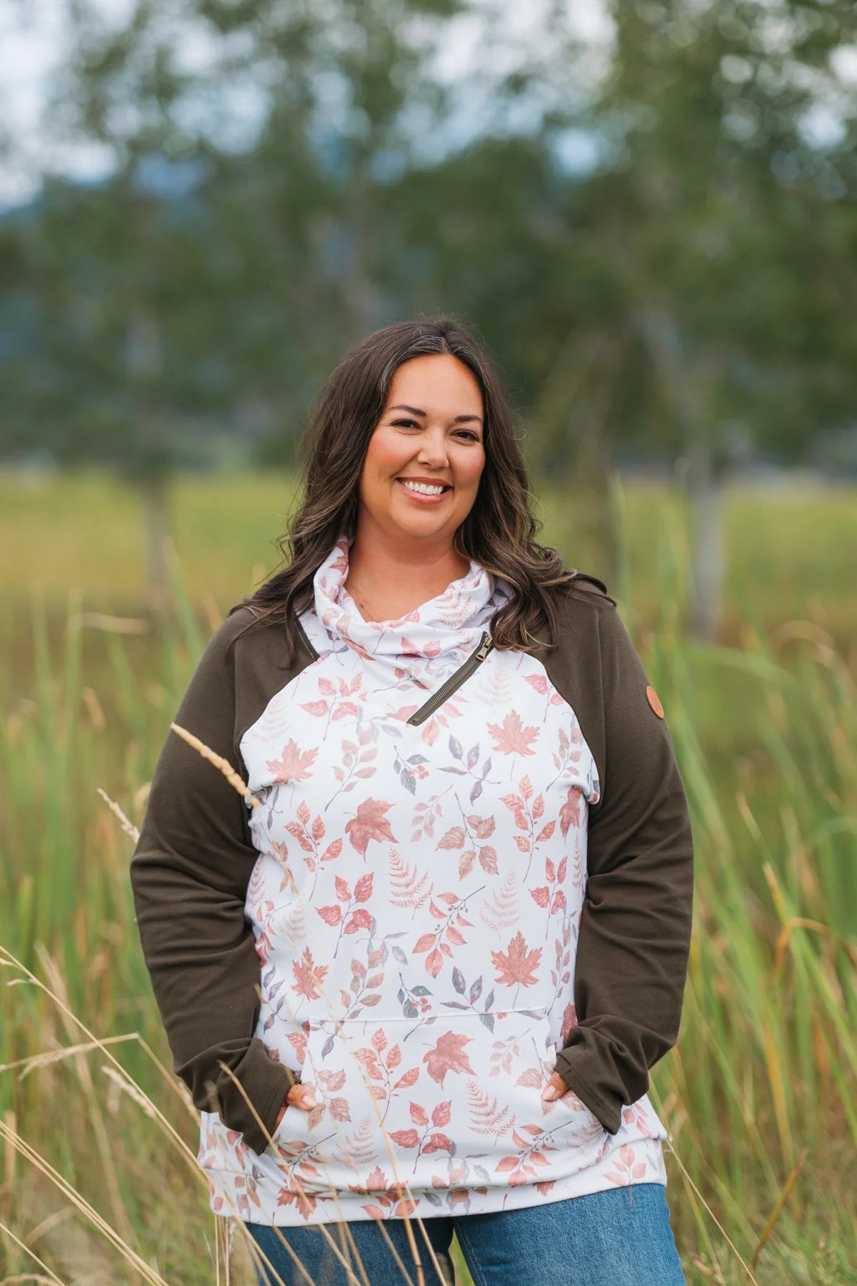 Zoey Zip Cowl Sweatshirt- Autumn leaves and Olive