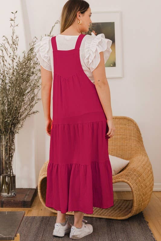 Plus Solid Button Sling Tiered Midi Dress: Black / 2XL