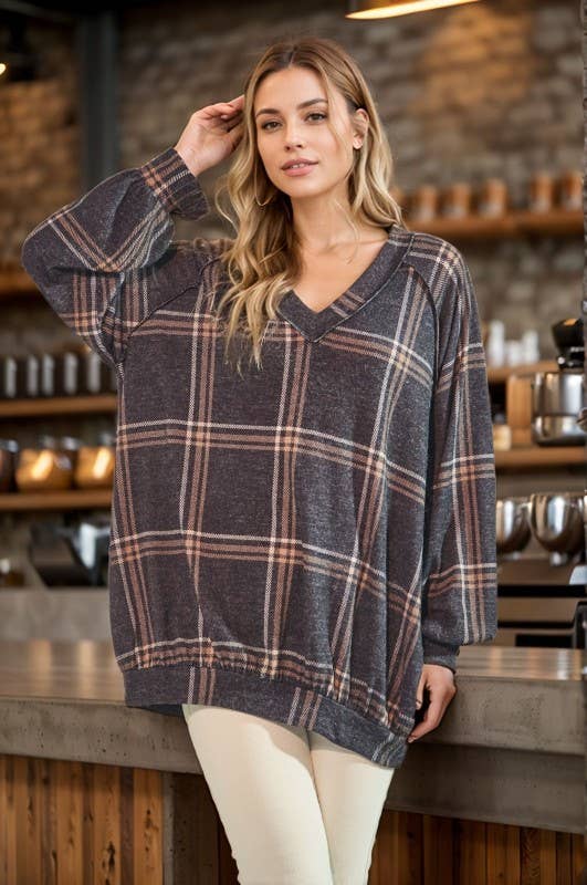 The Tanya Plaid Top: Charcoal