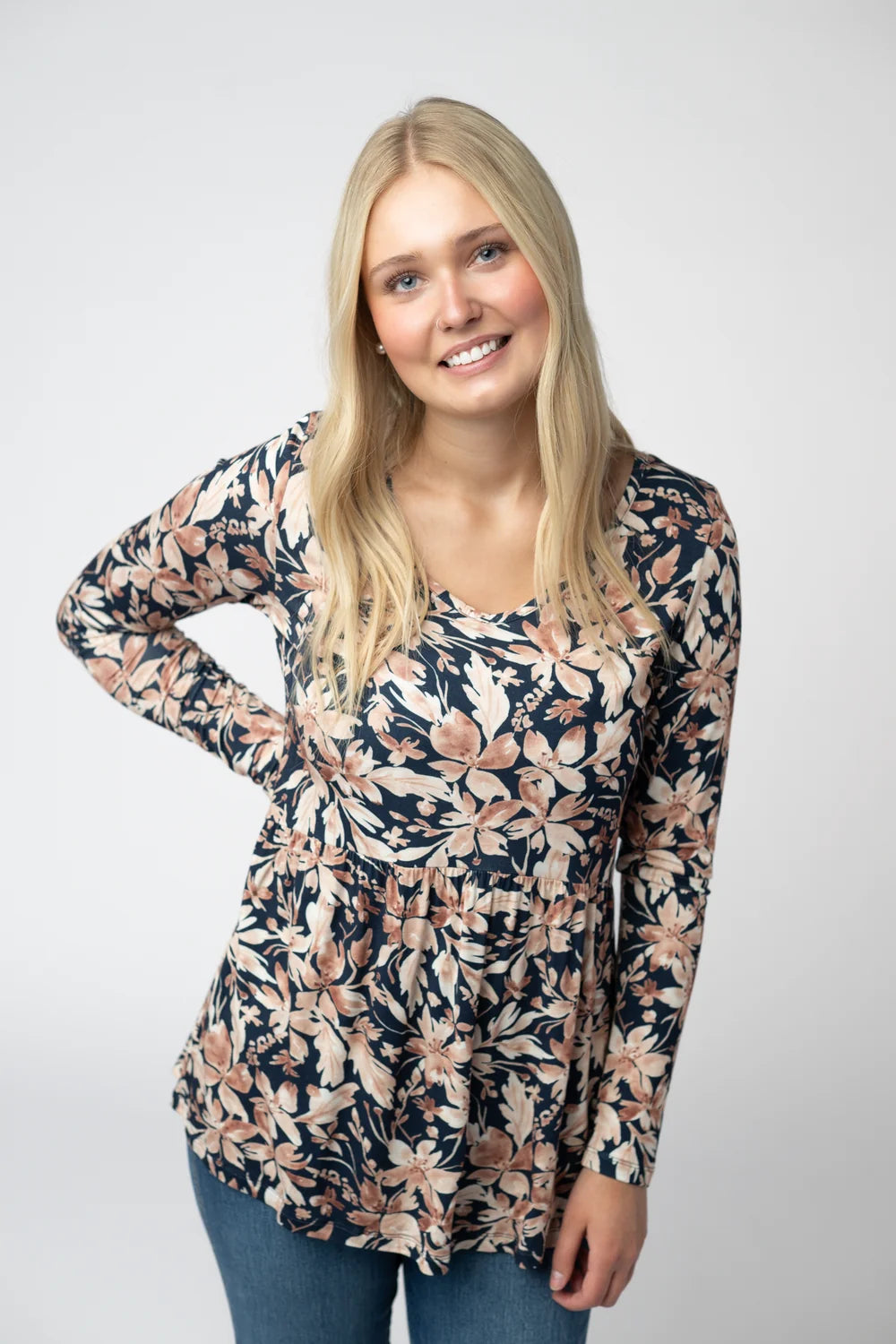 The Sarah Ruffle Top- Navy Autumn Floral