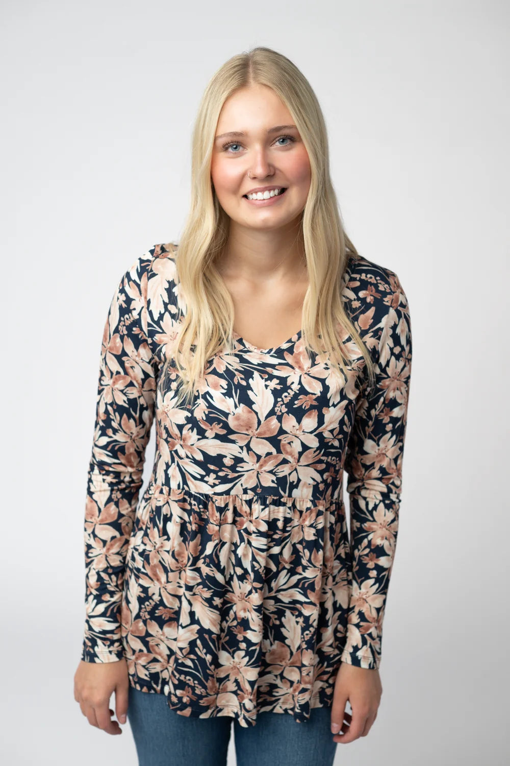 The Sarah Ruffle Top- Navy Autumn Floral