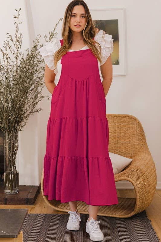 Plus Solid Button Sling Tiered Midi Dress: Black / 2XL