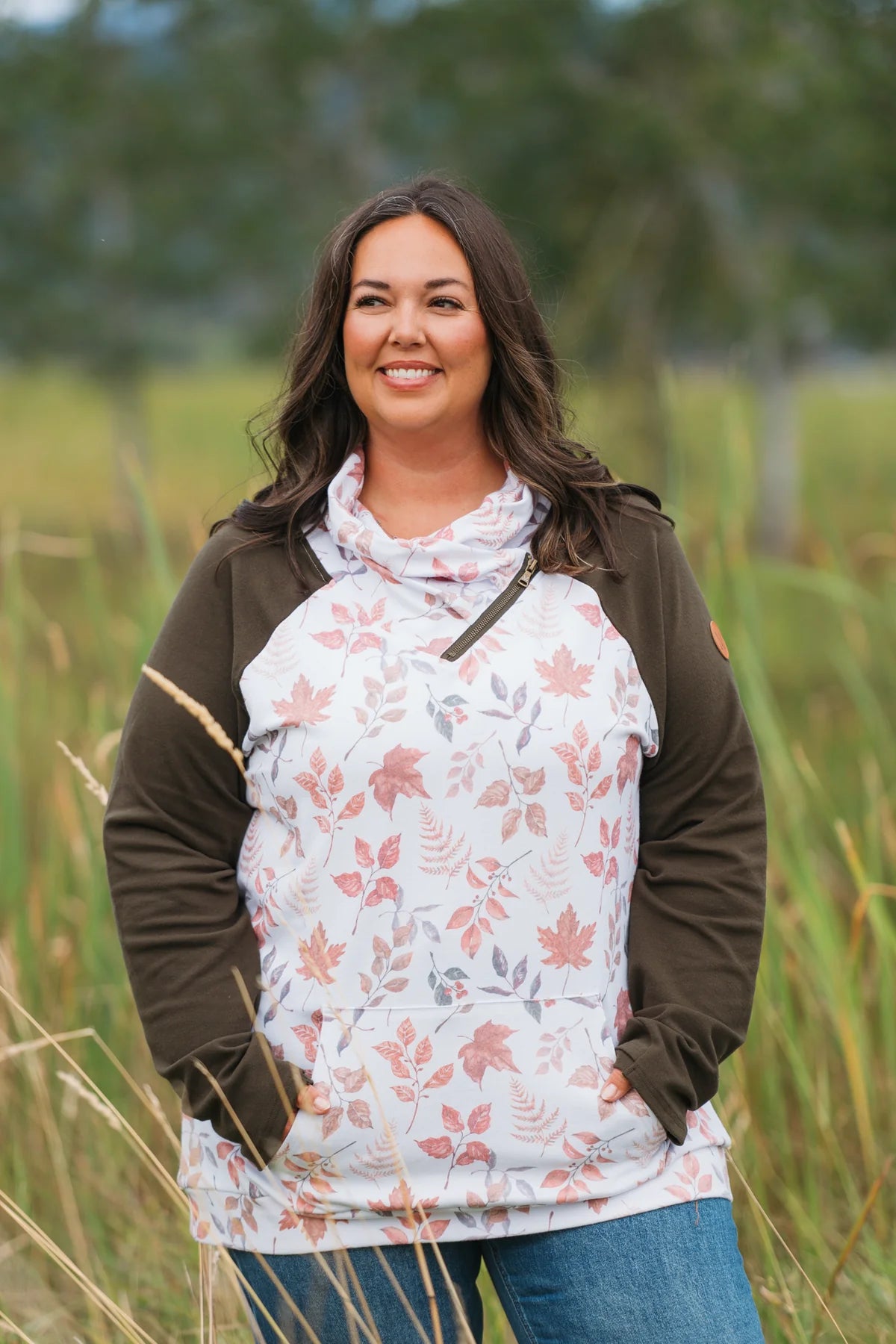 Zoey Zip Cowl Sweatshirt- Autumn leaves and Olive