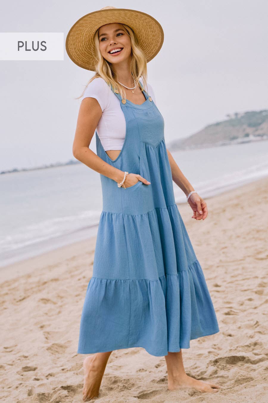 Plus Solid Button Sling Tiered Midi Dress: Black / 1XL