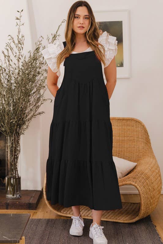 Plus Solid Button Sling Tiered Midi Dress: Black / 2XL