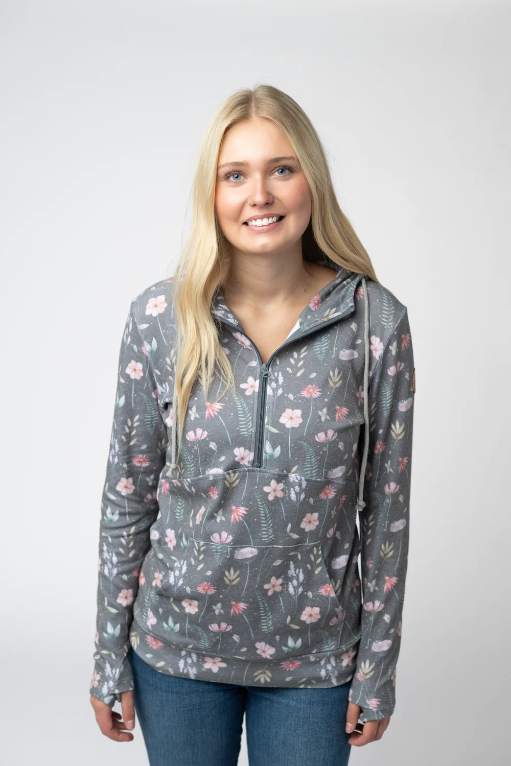 The Wildflower Half Zip Hoodie-Gray