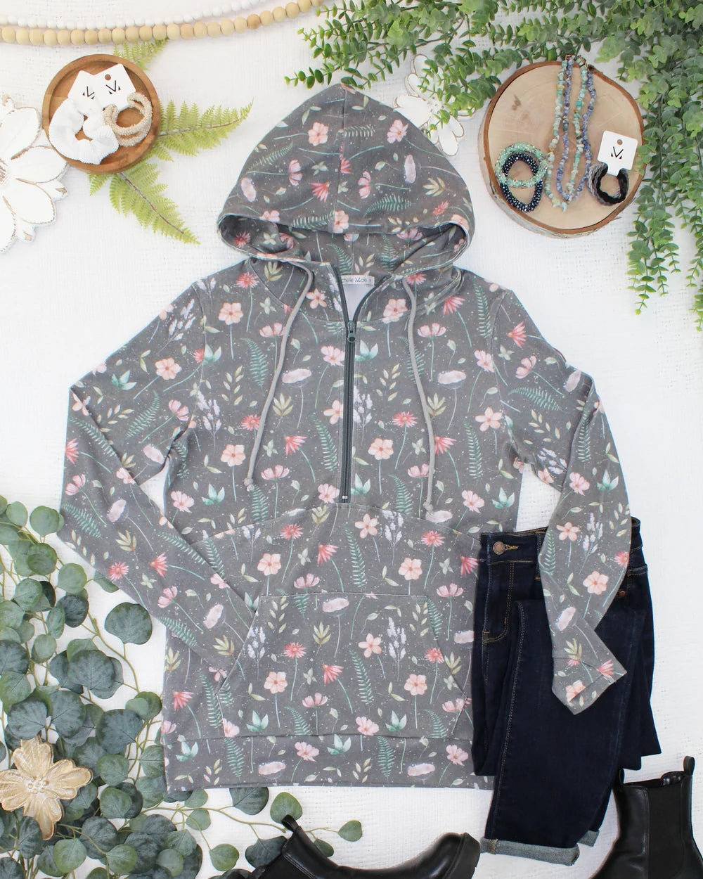The Wildflower Half Zip Hoodie-Gray