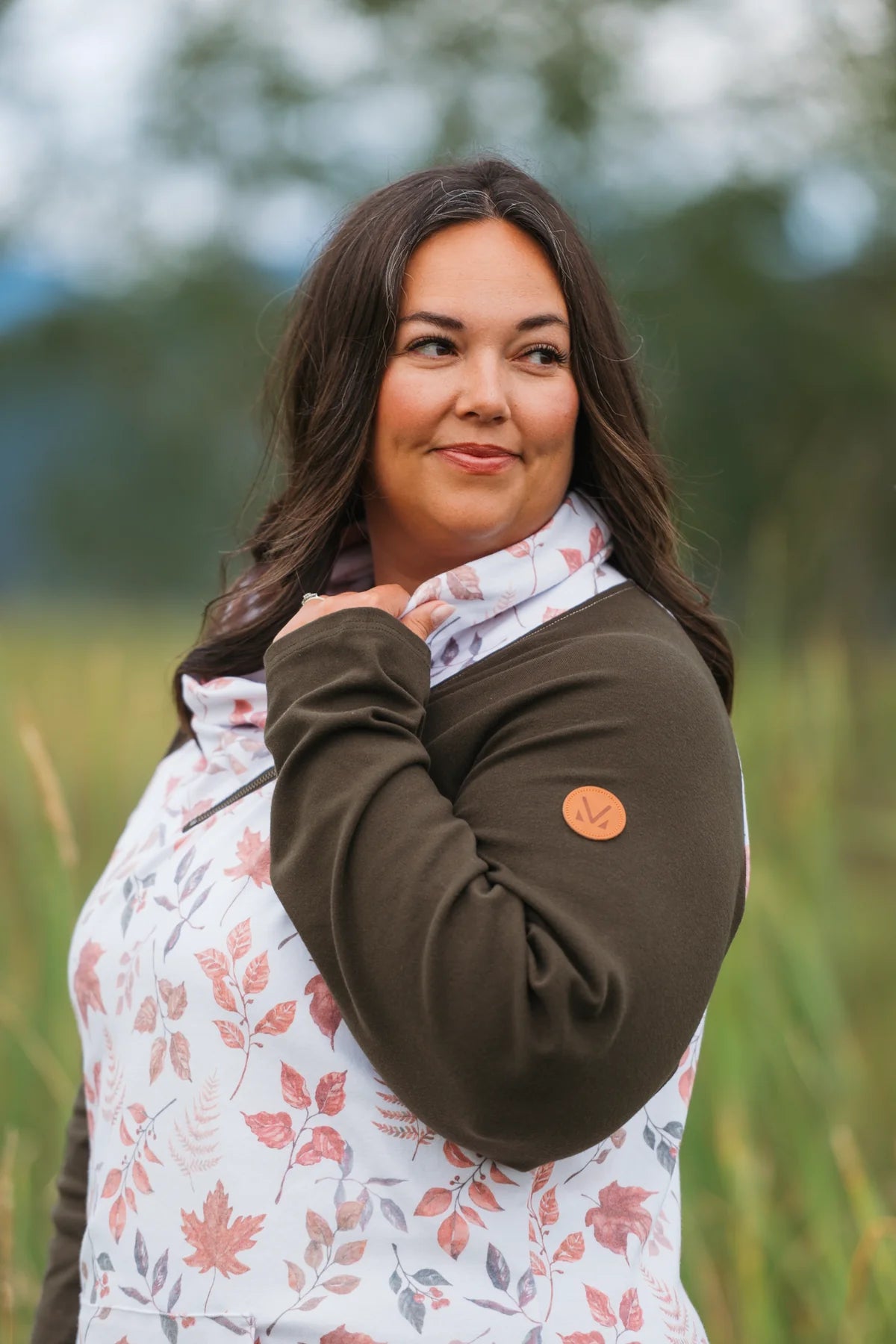 Zoey Zip Cowl Sweatshirt- Autumn leaves and Olive