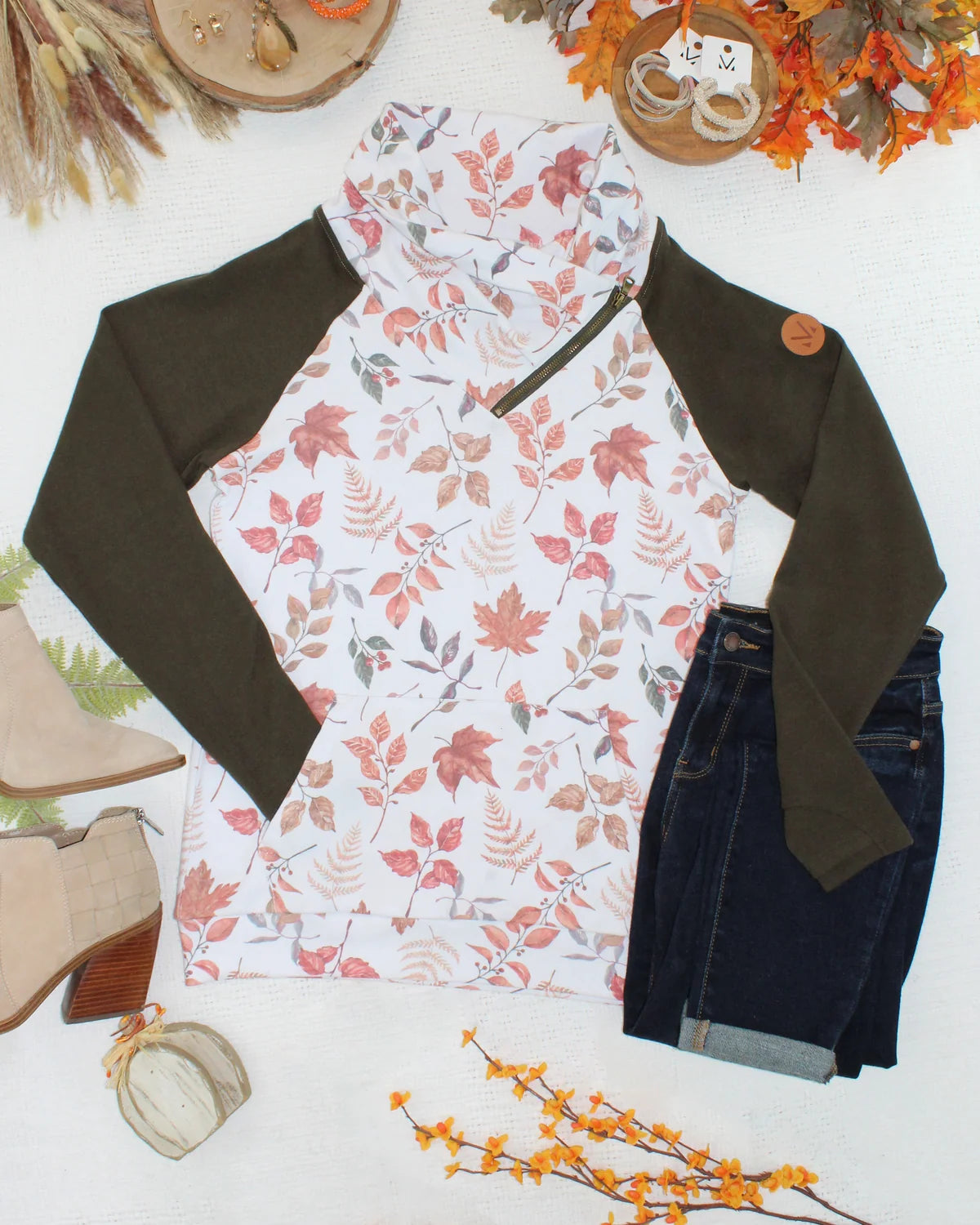 Zoey Zip Cowl Sweatshirt- Autumn leaves and Olive