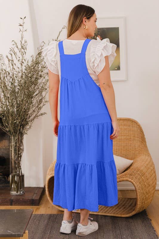 Plus Solid Button Sling Tiered Midi Dress: Black / 3XL