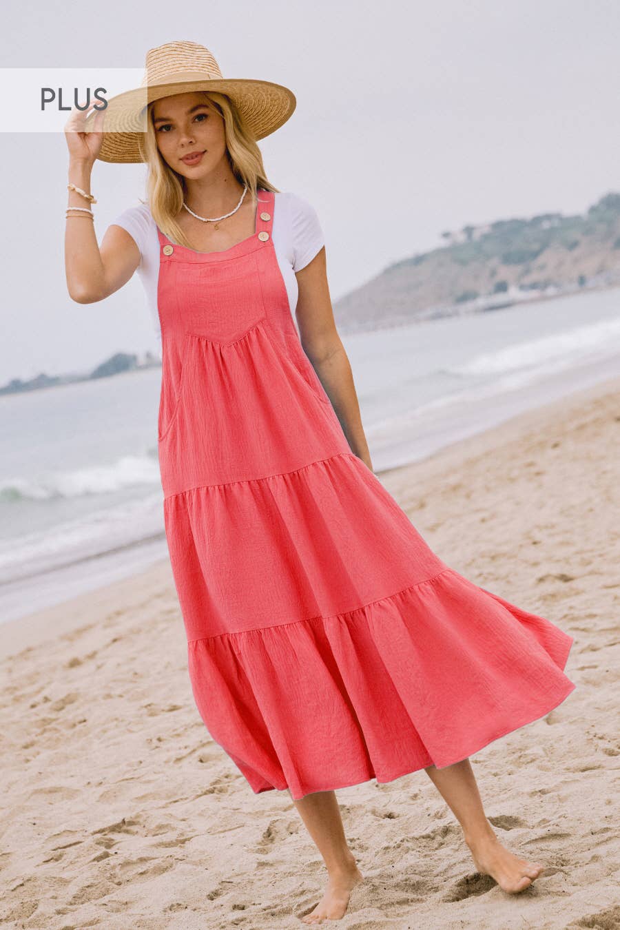Plus Solid Button Sling Tiered Midi Dress: Black / 2XL
