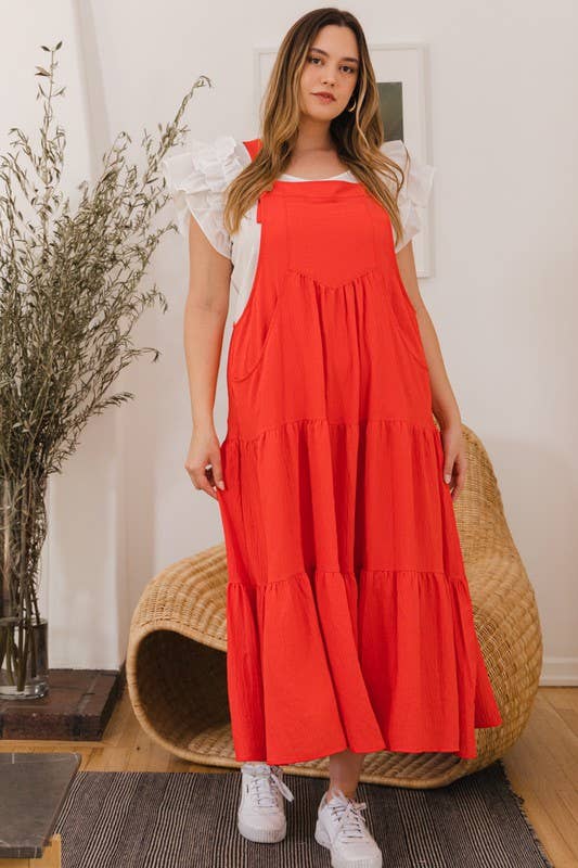 Plus Solid Button Sling Tiered Midi Dress: Black / 2XL