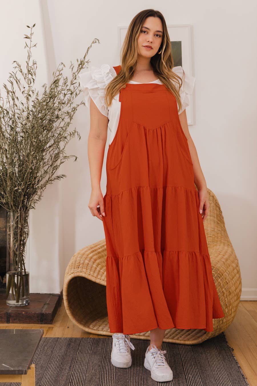 Plus Solid Button Sling Tiered Midi Dress: Black / 2XL