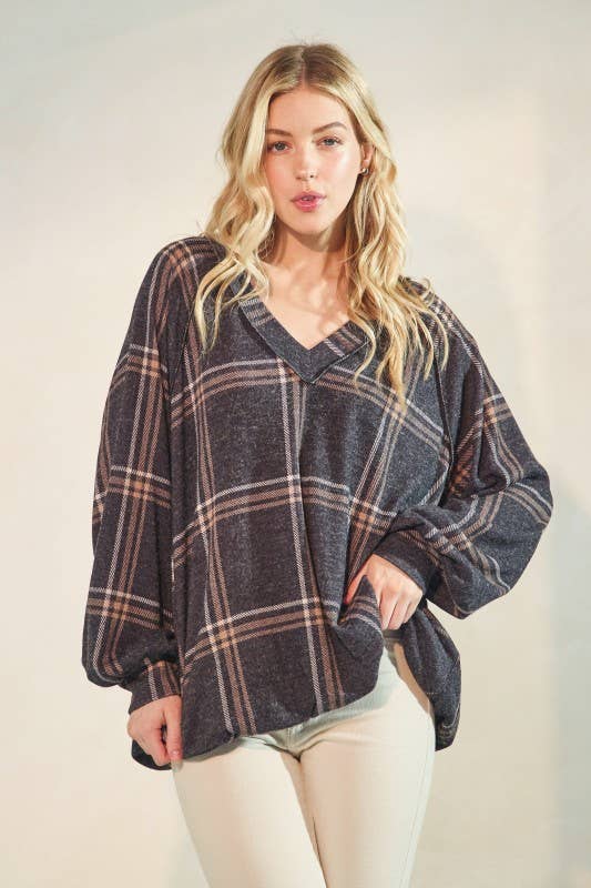 The Tanya Plaid Top: Charcoal