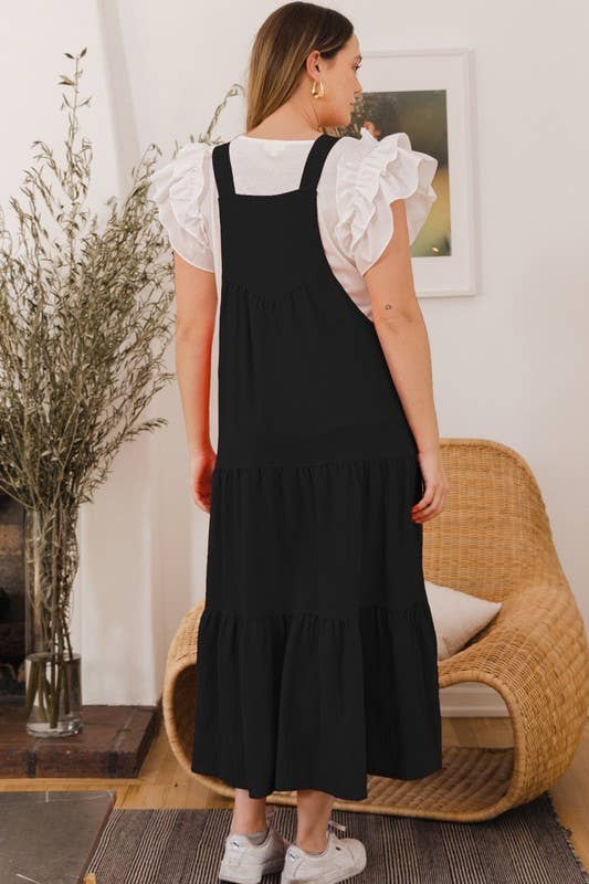 Plus Solid Button Sling Tiered Midi Dress: Black / 2XL