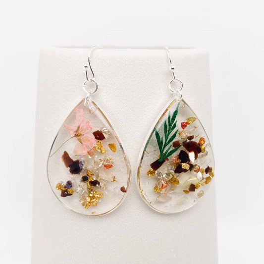 Floral and Leaf Mixed Media Drop Earrings with Stone Accents